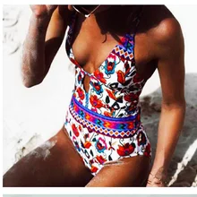 one piece swimwear sexy women swimsuit 2018  push up halter strap printing backless beach bathing suit bikinis maillot de bain