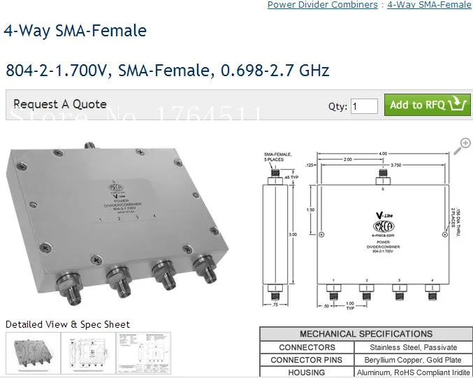 [BELLA] MECA 804-2-1.700V 0,698-2,7 GHZ четырехчастотный СВЧ-делитель SMA