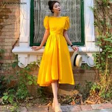 Vintage Palace Style Puff Sleeve Ladies Dresses Summer Long Midi Dress Waist Criss-cross Design Back Bow Lace Up High Low Dress Vintage Palace Style Puff Sleeve Ladies Dresses Summer Long Midi Dress Waist Criss-cross Design Back Bow Lace Up High Low Dress