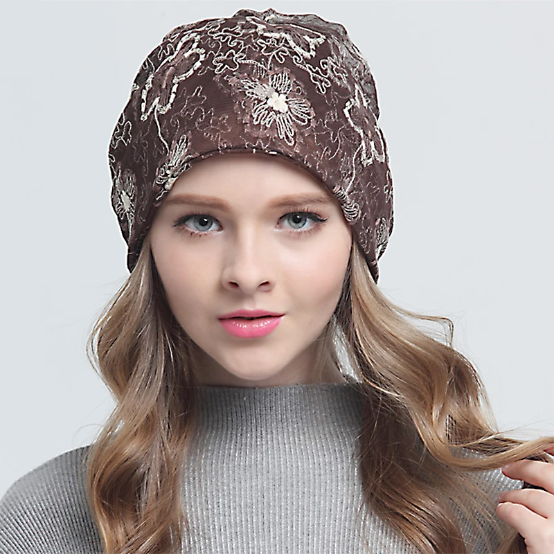 Winter Casual Lace Flower Hats For Women caps Baggy Beanie gorro
