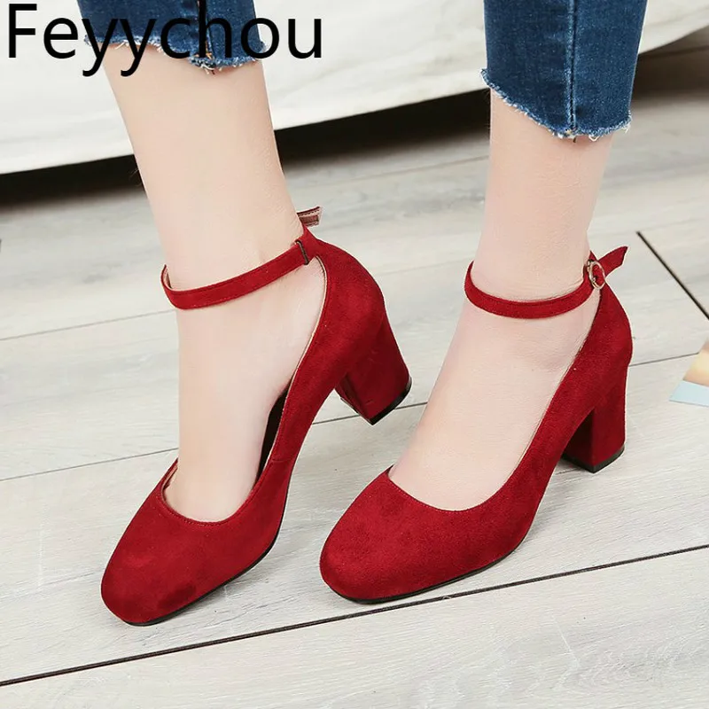 

Women Pumps High Heels Shoes Spring Autumn Flock Square Toe 2019 Sexy New Fashion Buckle Sewing Casual Black Red Big Size34-44