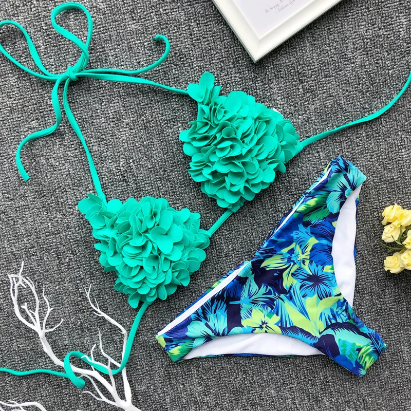

Floral Print Bikini Halter Swimsuit 2019 Summer Push Up Women Swimwear 2 Pieces Set Lace Up Bathing Suit Swim Beachwear Biquinis