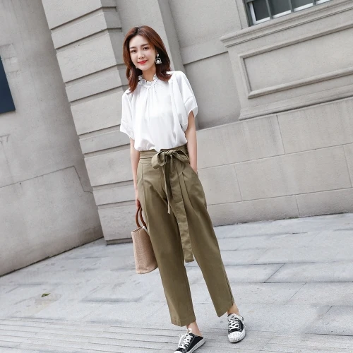 

Brief Pocket Spring New Fashion 2 Pcs Set Casual Chiffon Ankle-length Pants Women Sets Clothes Korean Bow Zweiteiler Damen