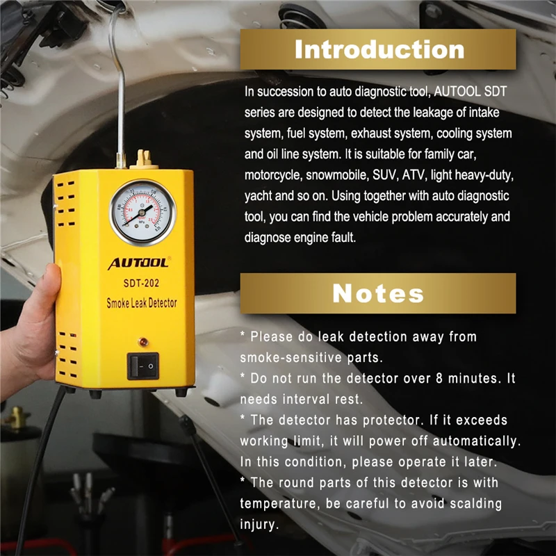 AUTOOL SDT-202, универсальный автомобильный детектор утечки дыма Evap, вакуумный диагностический тестер дыма, анализатор утечки газа для автомобиля