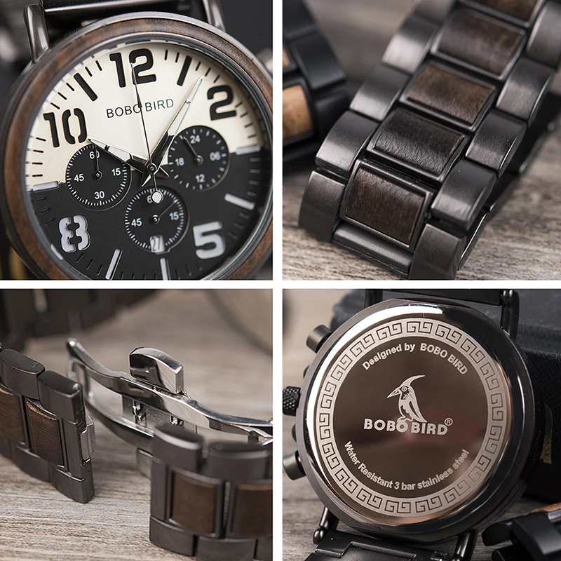 BOBO BIRD Men's Retro Wood & Stainless Steel Chronograph Watch