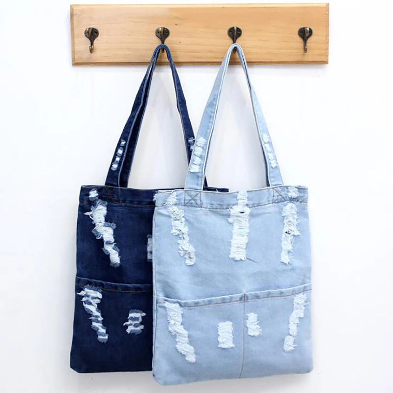 

Student Book Organizer Single Shoulder Shopping Bag Large Capacity Handbag Women Canvas Denim Shoulder Bag Casual Totes