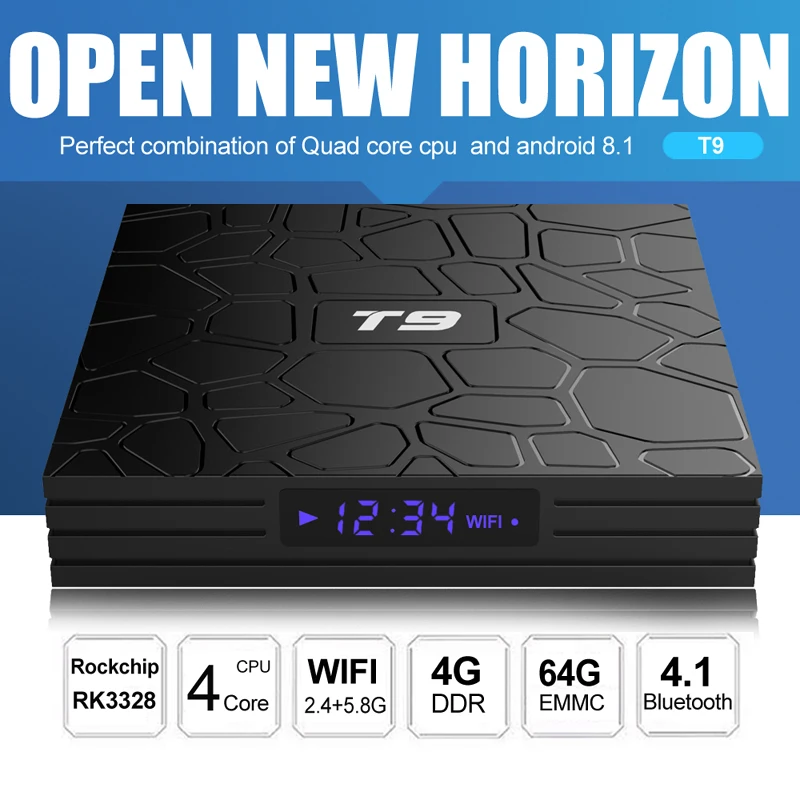 

4GB 64GB Android 8.1 Smart TV Box RK3328 Quad Core Dual Band Wifi 2.4G/5.8Ghz 3D Bluetooth T9 Set Top Box with LED Display