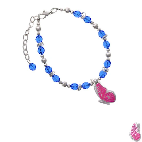 Silvertone Large Translucent Hot Pink Flying Butterfly Royal Blue Beaded Bracelet