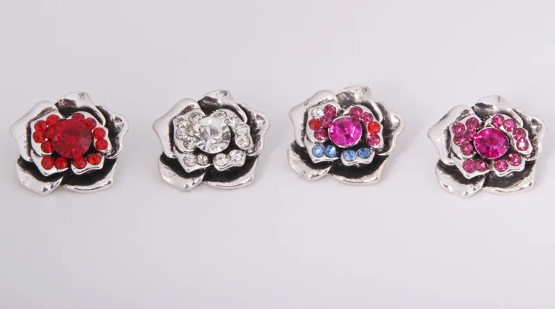 

Hot 20pcs/lot mix colors Snaps 18mm rose flower Metal Rhinstone Snap Button Ginger Snap Jewelry Fit Leather Charm Bracelet