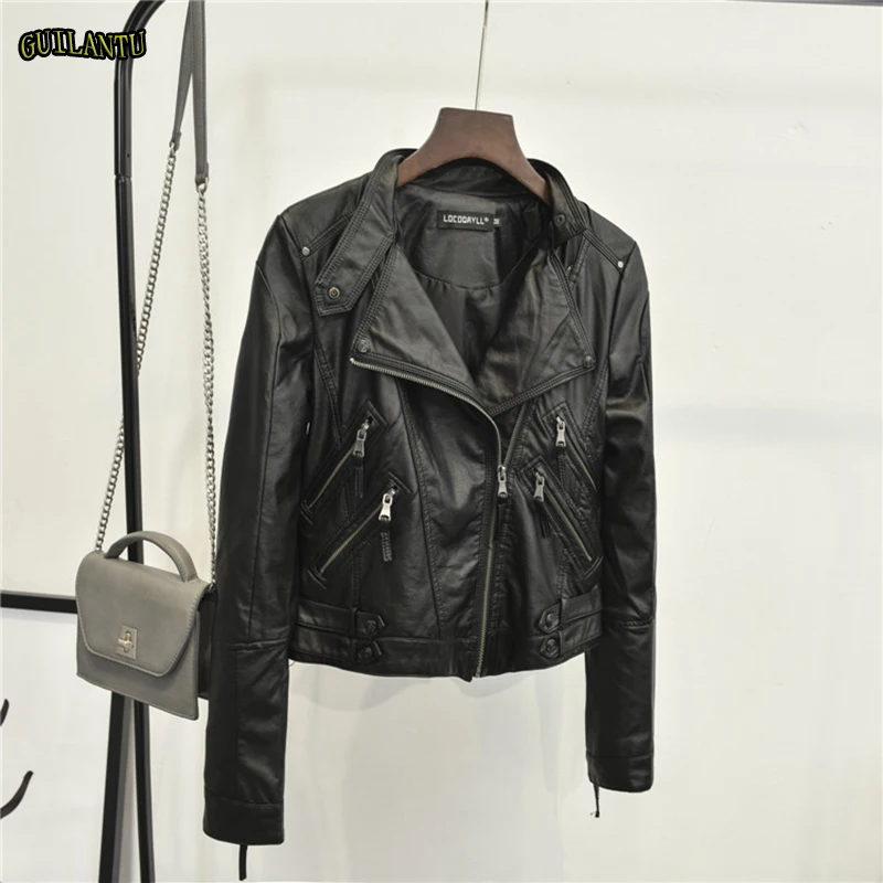 

Spring Autumn Leather Jacket Women Black Short Coat Turn-down Collar Zipper Ladies High End Office Motorcycle Jackets For Women