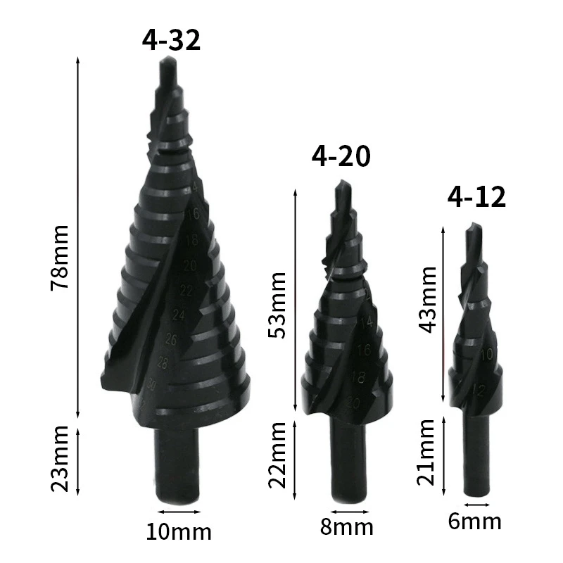 

4-12/20/32mm HSS Cobalt Step Drill Bit Set Triangle Shank Wood Hole Cutter Core Drill Bit Spiral Step Drill Bit