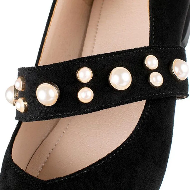 Элегантные повседневные туфли мэри джейн с жемчугом женские туфли на низком каблуке с острым носком на плоской подошве, большие размеры 42, 43, черный, бежевый, розовый