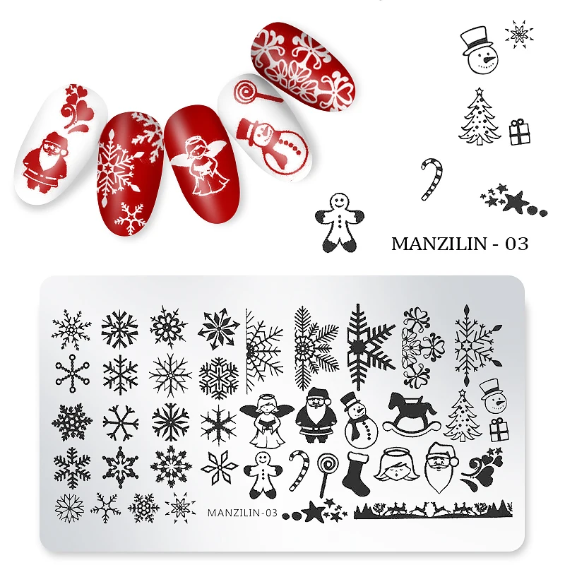 Рождество прямоугольник ногтей штамповки шаблон Снежинка Дизайн шаблоны зимние изображения пластины для штамповки ногтей