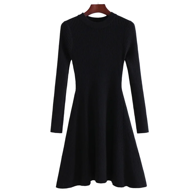 Женское платье трапециевидной формы, толстый свитер, зимнее платье, женское вязаное платье, теплые осенние пуловеры с длинным рукавом, ТРАПЕЦИЕВИДНОЕ ПЛАТЬЕ с круглым вырезом, платье для фитнеса - Цвет: Черный