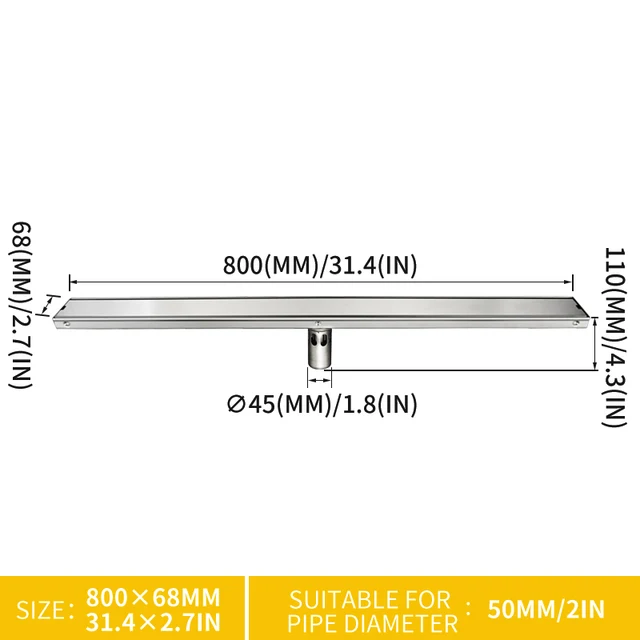 High Quality 80CM SUS304 Stainless Steel Floor Drain Tile Insert Rectangular Anti-Odor Shower Floor Drain Gate Drain Middle Model