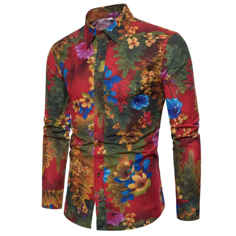 2018 новые льняные рубашки с цветочным принтом мужская одежда с длинным рукавом мужские повседневные тонкие рубашки подходят Camisa Social Masculina