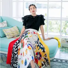 Женская плиссированная юбка с цветной прострочкой летняя новая Милая юбка средней длины с высокой талией