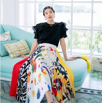 

Color stitching pleated skirt female 2019 summer new high waist slim Mid-Length sweet cute skirt