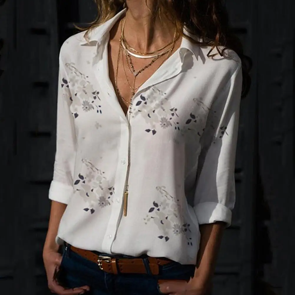 

2019 New Yfashion Women Simple Fashion Flower Printing V-neck Long Sleeve Shirt