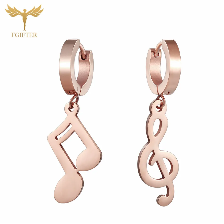 

FGifter Hiphop Rock Women Hoop Earrings Asymmetrical Pink Gold Music Note Stainless Steel Clip Earring Jewelry for Women