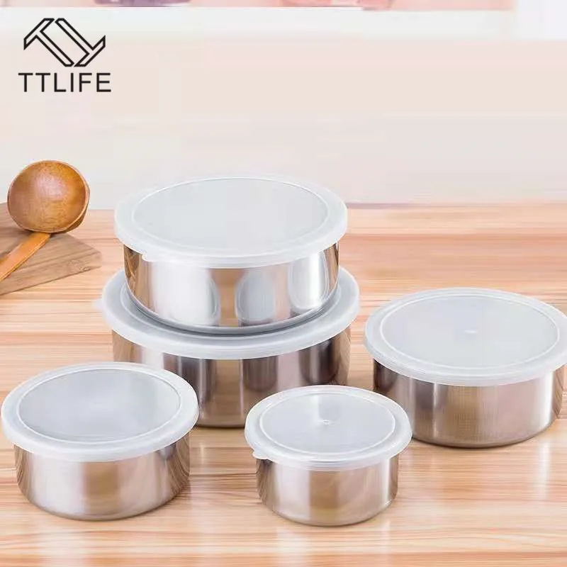 

TTLIFE 5pcs/set Sealed Crisper Stainless Steel Bowl with Lid Sealing Food Storage Box with Cover Round Shape Kitchen Accessories