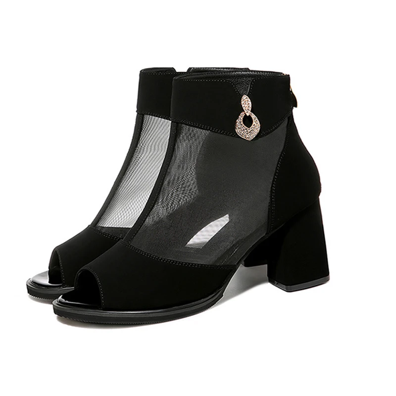 

2019 Summer New High-heeled Female Thick Fish Mouth Gauze Sexy Shoes Breathable Black Zip Women Boots Fashion Shoes