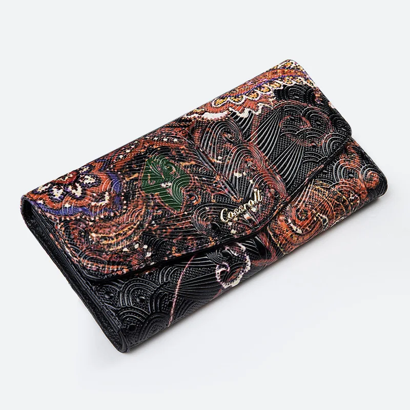 

Floral Embossing Genuine Leather Clutch Wallet Woman 1 Fold Cowhide Zipper Wallets and Purses with Card Holder Black