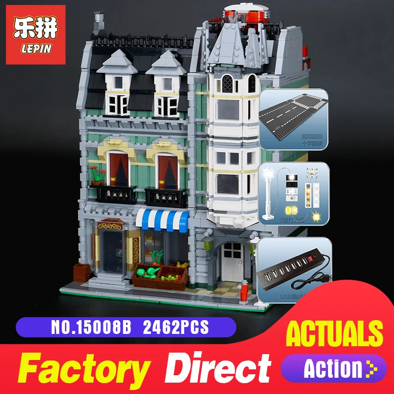 

LEPIN 15008B 2462Pcs Modular Creators Buildings Green Grocer Bricks Kits Assembled DIY gift Compatible Legoing 10185 With LED