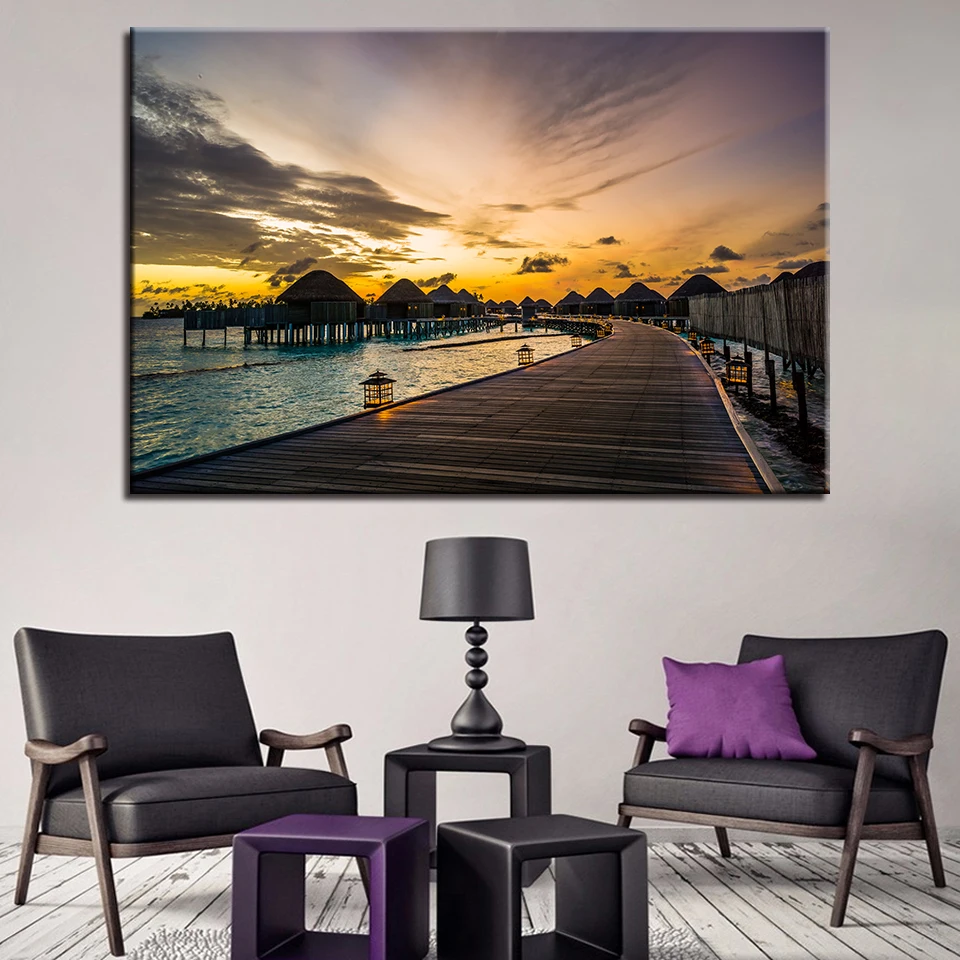 Modular-Canvas-HD-Prints-Paintings-Home-Decor-Frame-1-Piece-Wooden-Bridge-Seascape-Pictures-Sunset-Posters