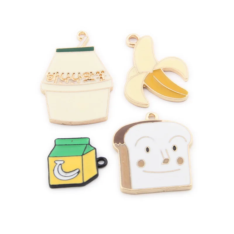 

Free Shipping 10pcs Gold Tone Plated Enamel Alloy Charms Kawaii Food Fruit Banana Milk Bottle Box Bread Shape Oil Drop Pendants