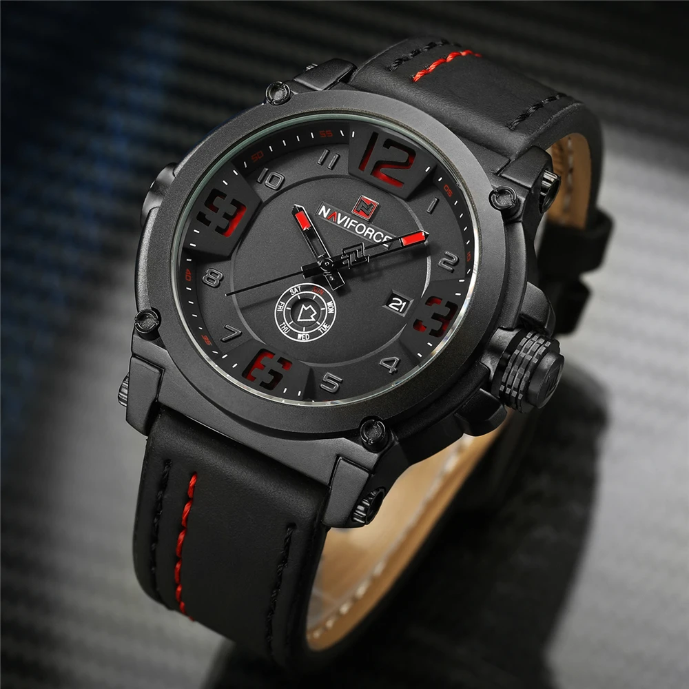 Часы NAVIFORCE мужские спортивные водонепроницаемые с кожаным ремешком
