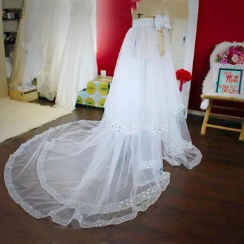 

White Tulle Overskirt A-Line Women's Skirts With Beaded Sweep Train Custom Made Wedding Skirts With Bow Sashes