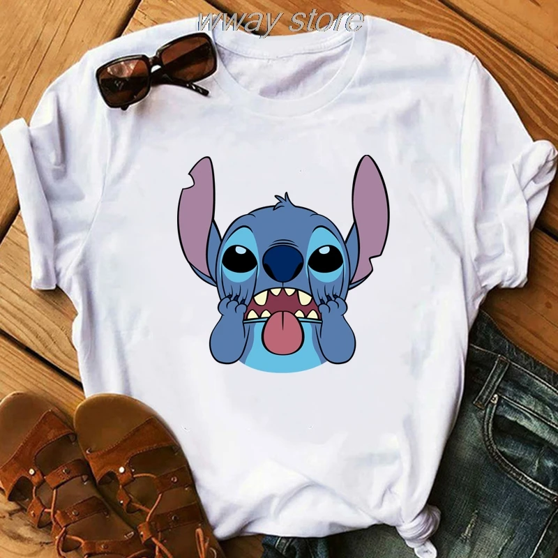 Женская футболка LILO STITCH, летние белые милые футболки harajuku, милая Повседневная футболка с рисунком, милые обтягивающие повседневные топы для девочек