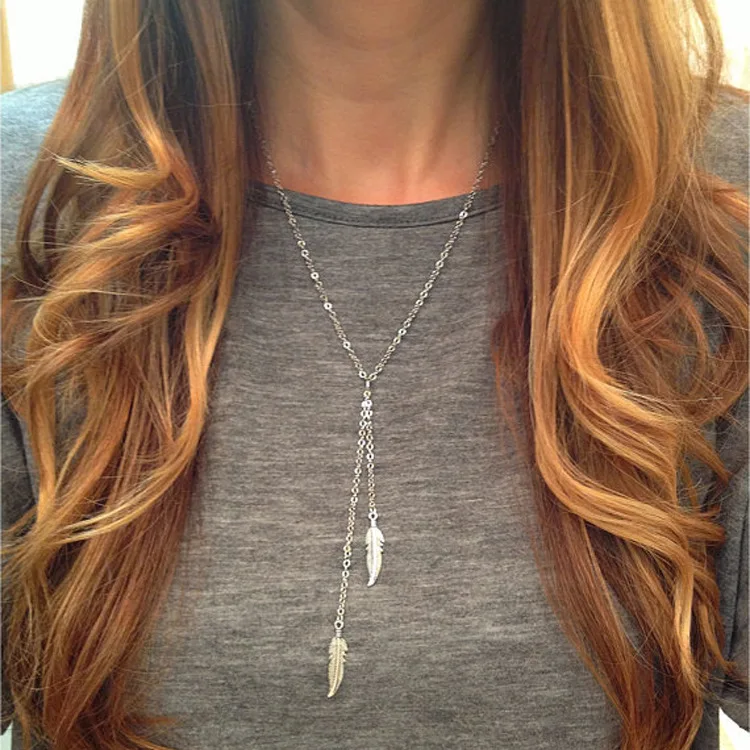 

Simple Design Gold Color Long Chain Necklaces Fancy Feather Pendant Tassel Necklaces For Women Sexy Jewelry Collier Femme