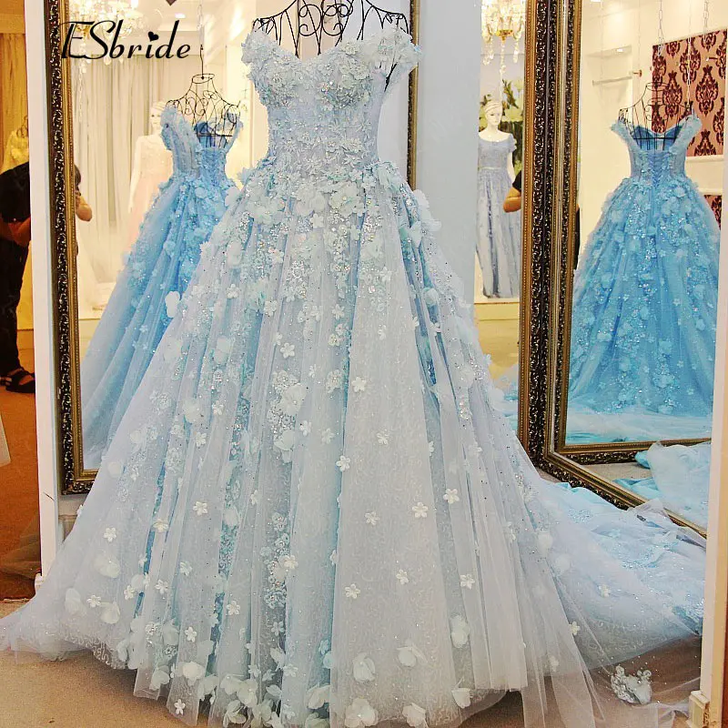 Newest Light Blue bride dress wedding gown princess beach Wedding Dress