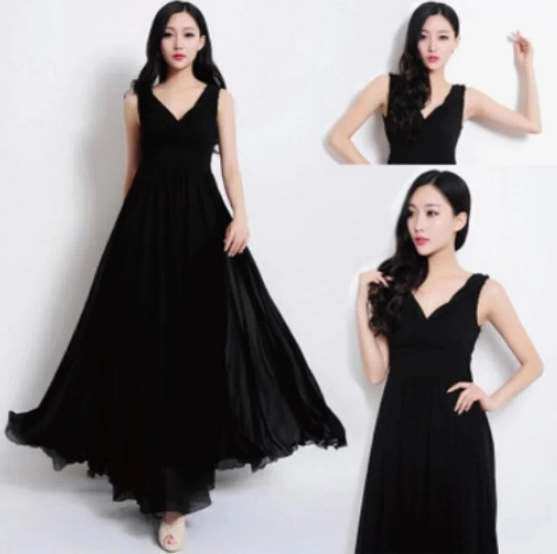 2017 S-XXL Women Summer Sleeveless Chiffon Ankle-length Loose Black Fashion Sexy Deep V Long Party High-waisted Dress | Женская одежда