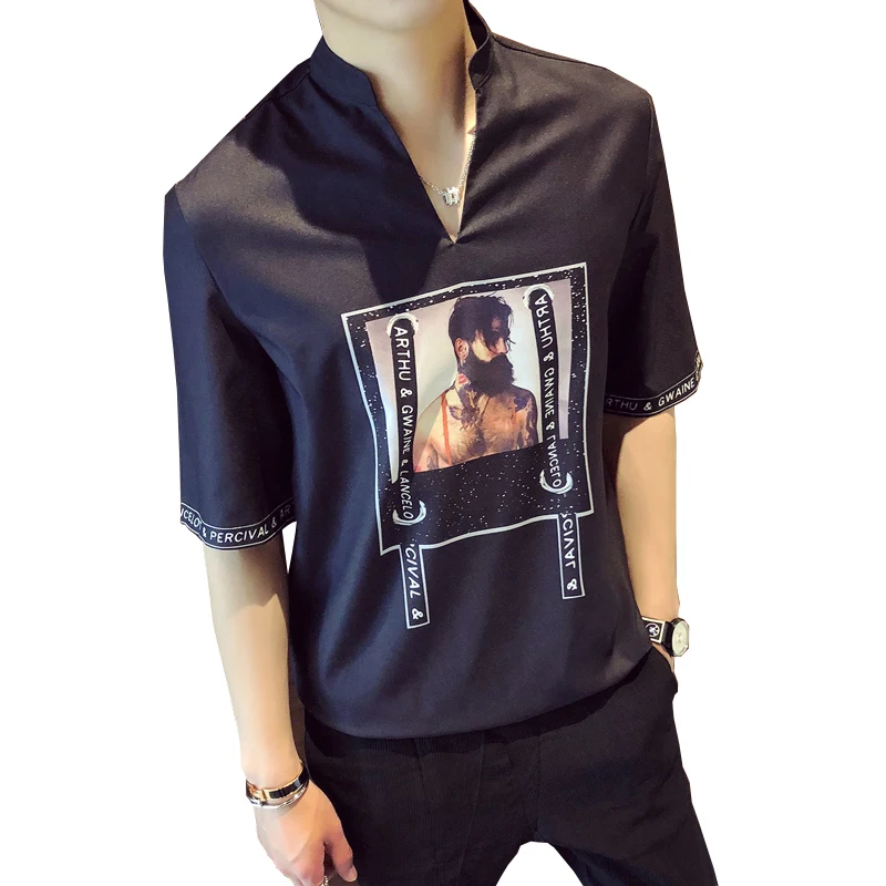 Summer men's brand shirt short sleeved V neck pullover shirt fashion ...