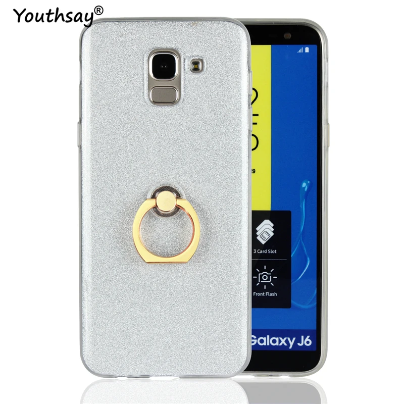 sFor Cover Samsung Galaxy J6 Case 2018 Soft Fashion Bling Glitter Ring Holder TPU Shell Phone For Fundas |