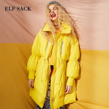 

ELFSACK Solid Drawstring Pocket Zip Thick Down Jacket Women Long Oversize Coat 2019 Winter Casual Female Outwear