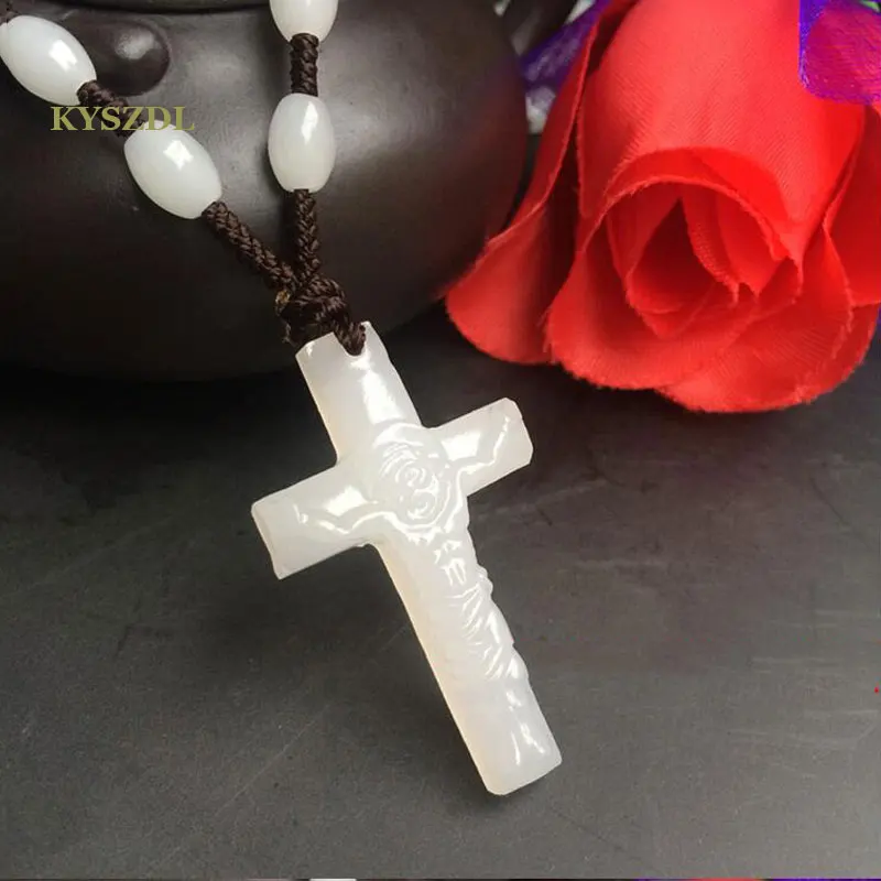 

KYSZDL Natural white yu stone Afghan stone material Cross Pendant Jesus Pendant Necklace jewelry gift free beads rope