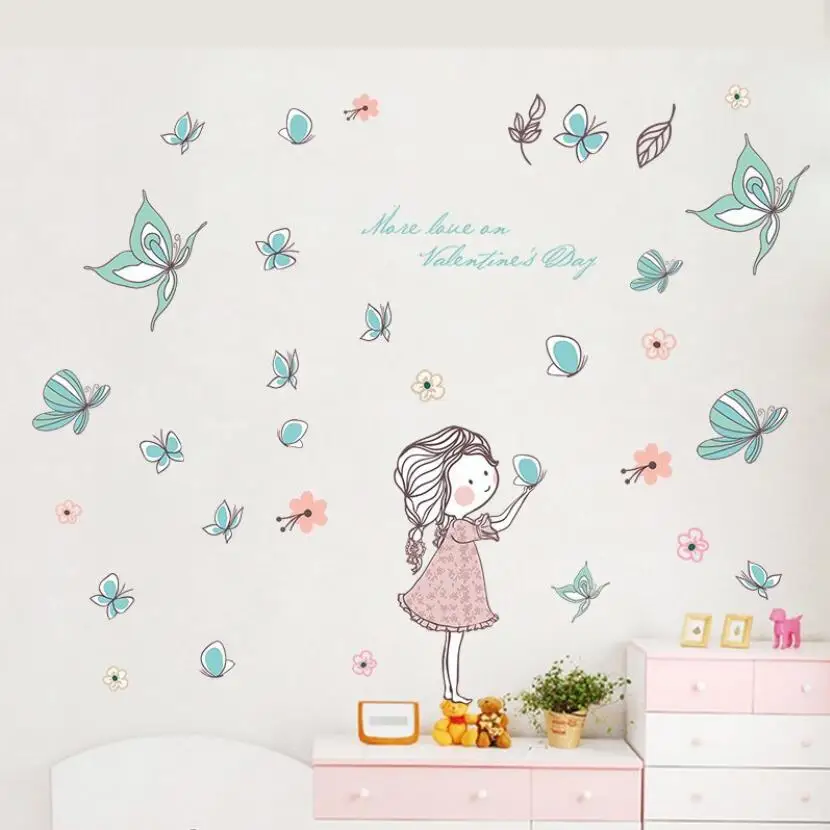 Сделай сам милый ребенок девочка Спальня Декор стены наклейки спальня милый мультфильм бабочка летающие Цветы Листья домашние обои для детской комнаты