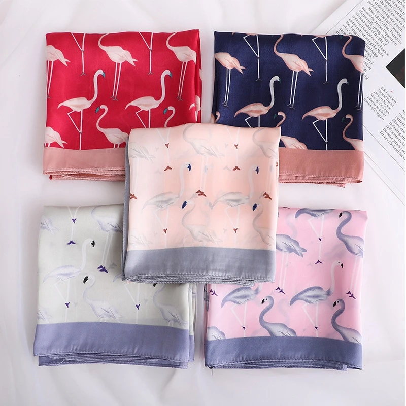 

LARRIVED 70X70CM Fashion Women Square Scarf Fake Silk Wraps Elegant Flamingo Spring Summer Head Neck Hair Tie Band Neckerchief