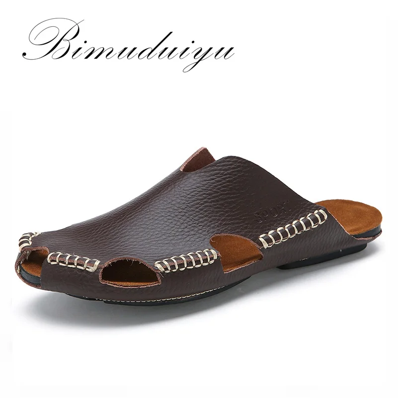 baratas BIMUDUIYU Nova Chegada do Verão Homens Flip Flops de Couro Fresco Respirável Estilo Coreano Masculino Chinelo Não slide Masculino Chinelos Artesanais