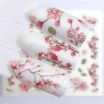 

WUF 1 PC Pink Petals / Flowers / Green Leaves Water Transfer Sticker Nail Art Decals DIY Fashion Wraps Tips Manicure Tools