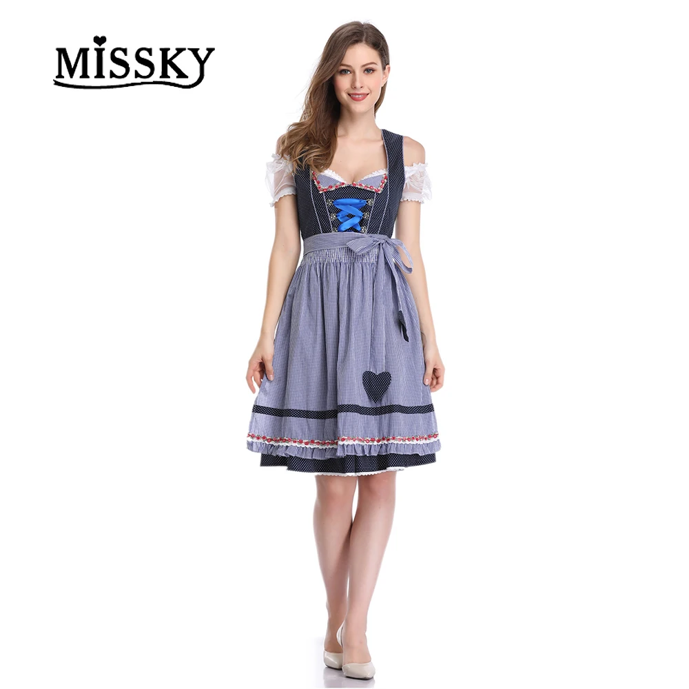 MISSKY/, Женское Платье Dirndl из 2 предметов, баварское Платье с принтом пива, костюм Октоберфеста, в горошек, в клетку, со шнуровкой спереди, а-силуэт, вечерние платья