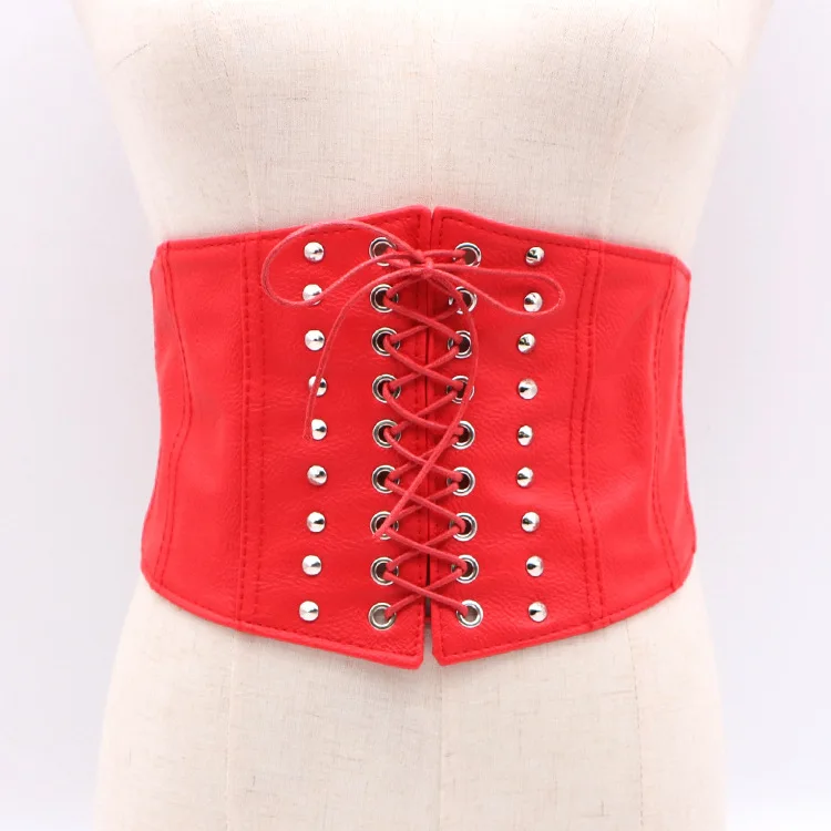 Red Golden PU Women Waist Belts Autumn High Waist Belt Elastic Leather