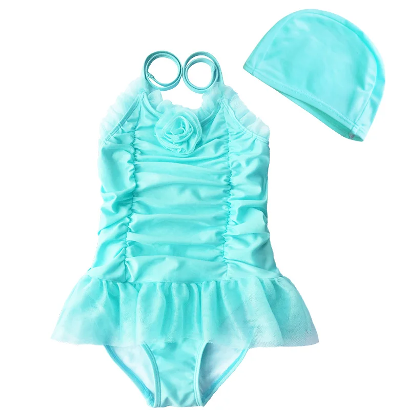 Детский купальный костюм, шапочка для плавания, комплект для девочек, юбка принцессы, стильный розовый Одноцветный купальник, летний купальник для маленьких девочек - Цвет: Синий