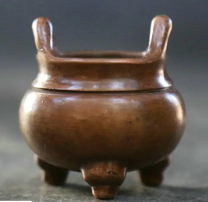 

2" Collect Chinese Buddhism Red Bronze Tripodal Binaural Incense Burner Censer