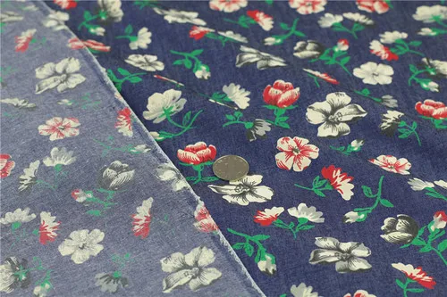 Thin Soft Spring and Summer Denim Fabric Printined Retro Flower