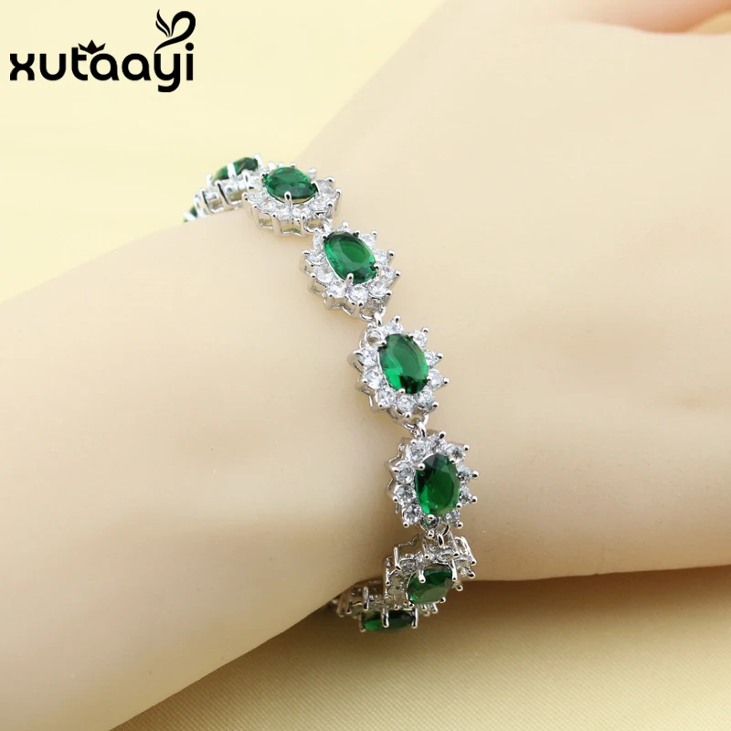 

Hight Quality Green Imitated Emerald White Crystal 925 Silver Jewelry For Women Adjustable Link Chain Bracelet Length 20 cm